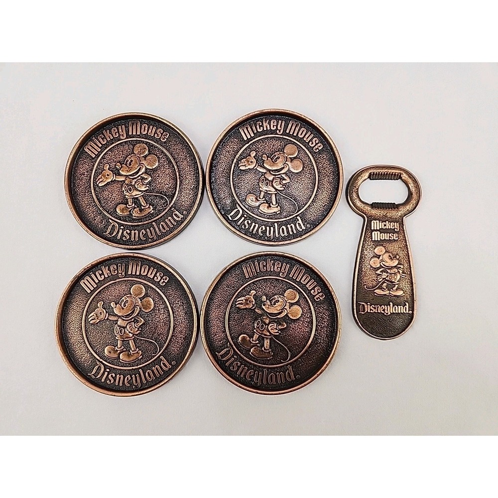 Vintage Mickey Mouse Bottle Opener‎ and Coaster Set 1970s Walt Disney